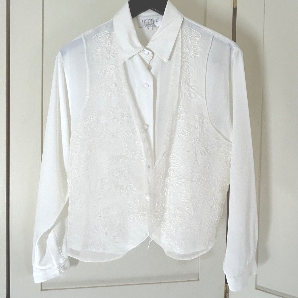 Vintage Petite Sophisticate White Blouse Large Embroidered Vest Layered Romantic
